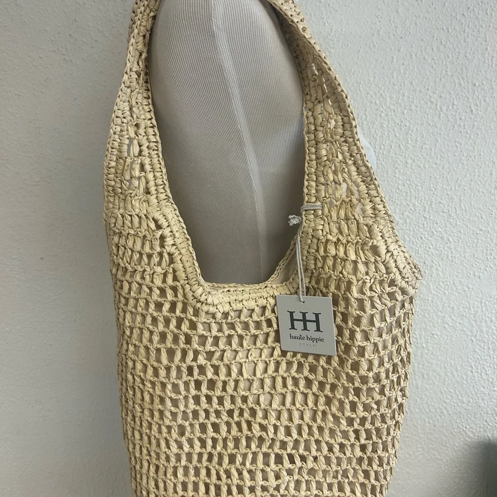 Haute Hippie Lrg Handwoven Straw Tote Bag Boho Chic Summer Beach Shoulder Purse - Picture 3 of 6